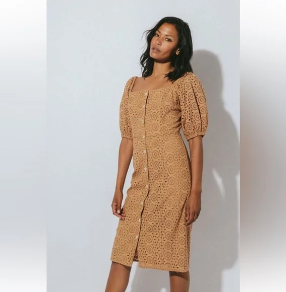 Cleobella Demi Organic Cotton Tan Eyelet Shell Button Dress Size Small - Picture 2 of 12